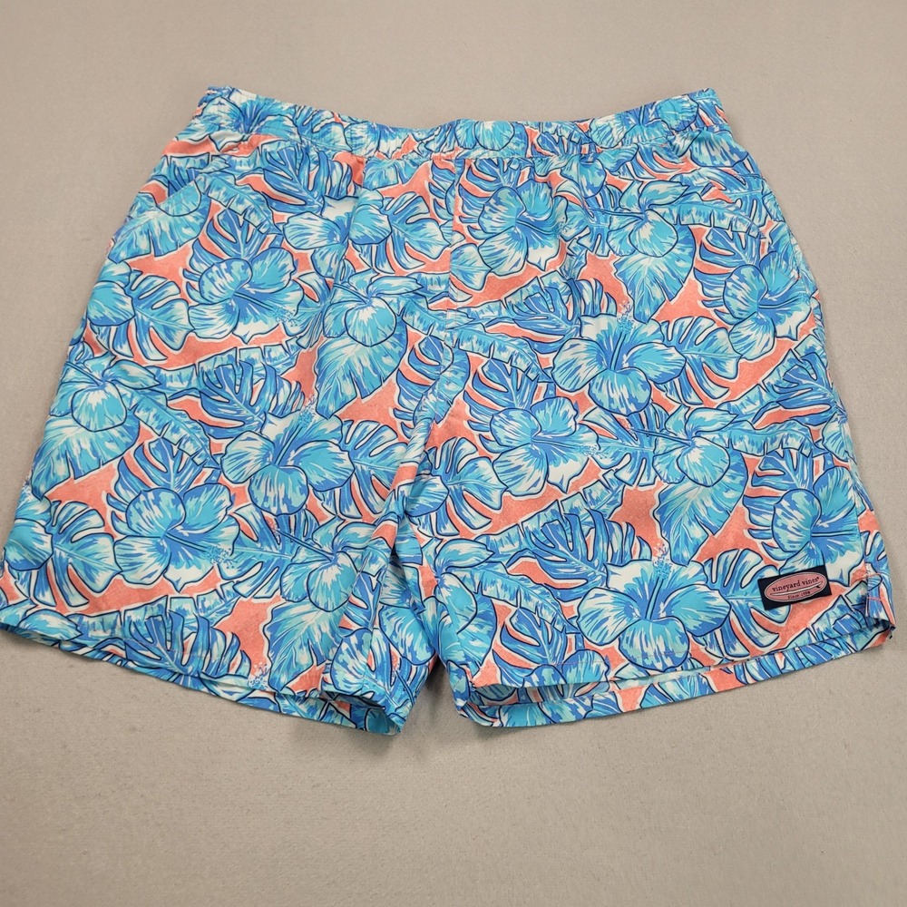 Vineyard Vines Mens XL Blue Orange Hibiscus Floral Chappy Swim Trunks Shorts